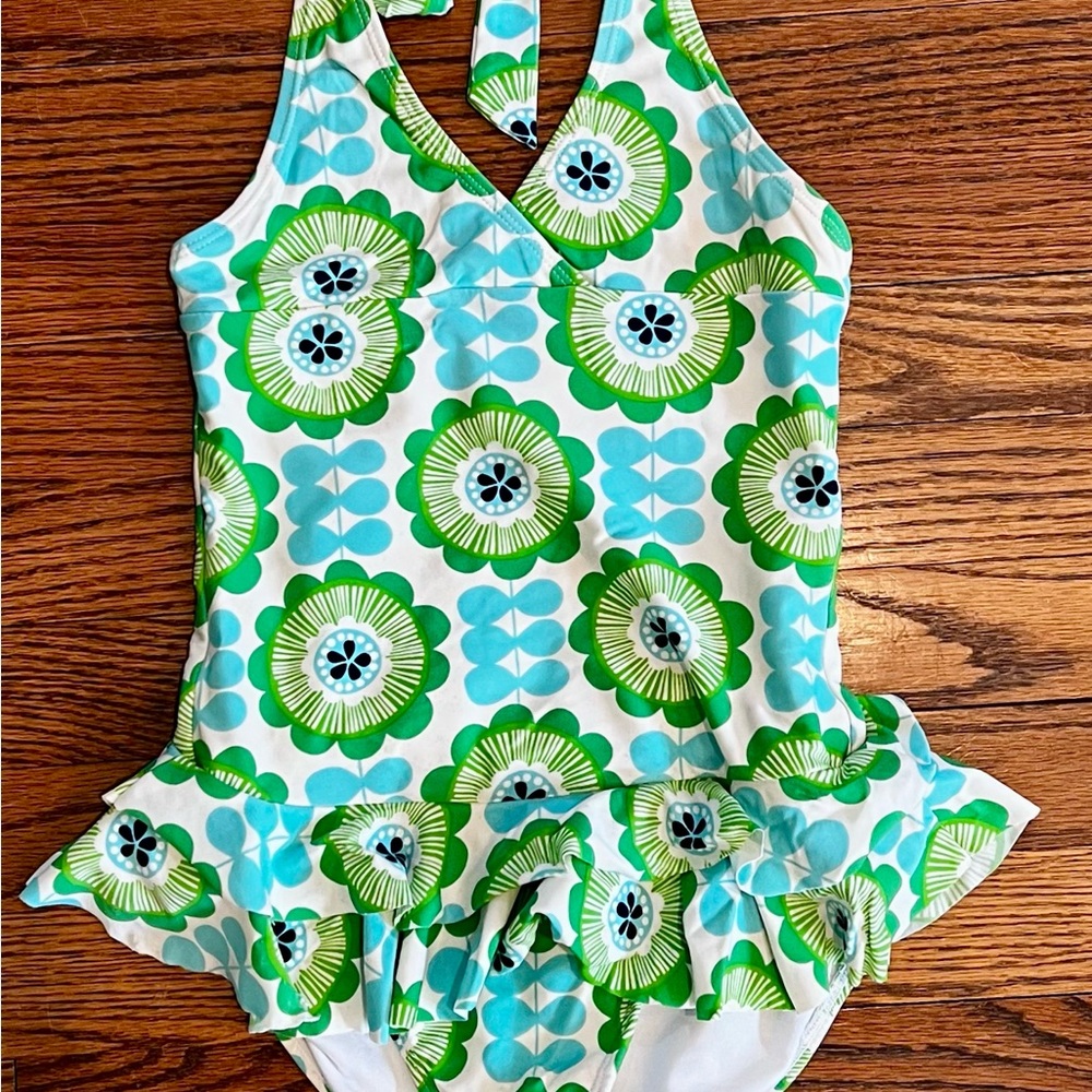 Girls Hanna Andersson Green and Blue One Piece Swimsuit with Floral Pattern